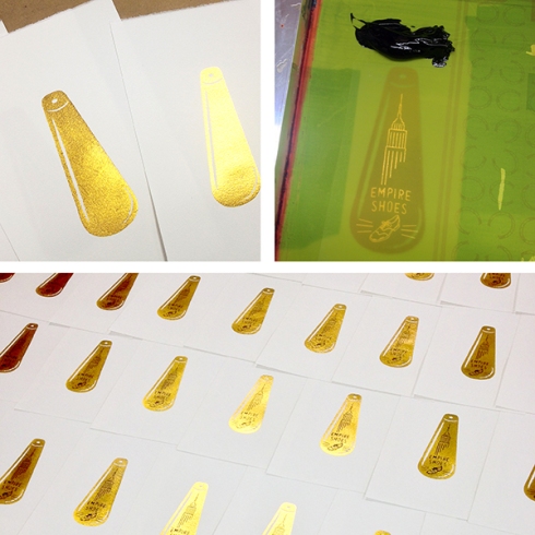 There are a lot of extra steps when using gold foil. Black ink is applied last, and prints are set to dry.